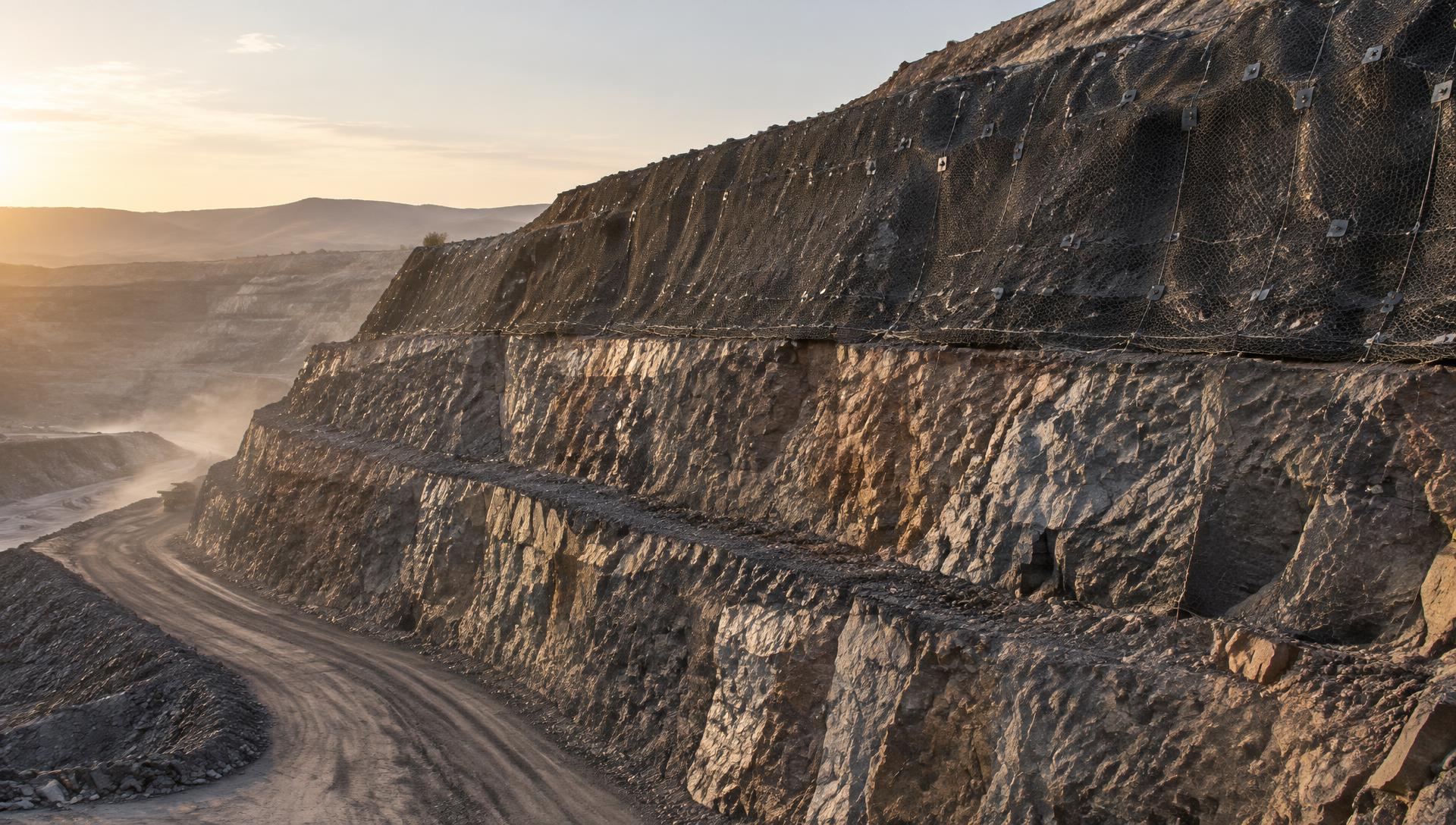 Rockfall protection mesh installed on a mine highwall